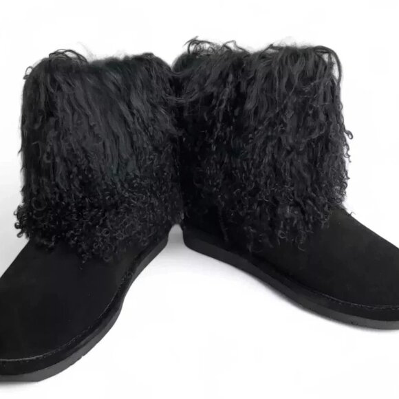Bearpaw Boo Black Shearling Wool Line Curly Lamb Fur Mongolian Sherpa Boots 6 - Picture 4 of 9